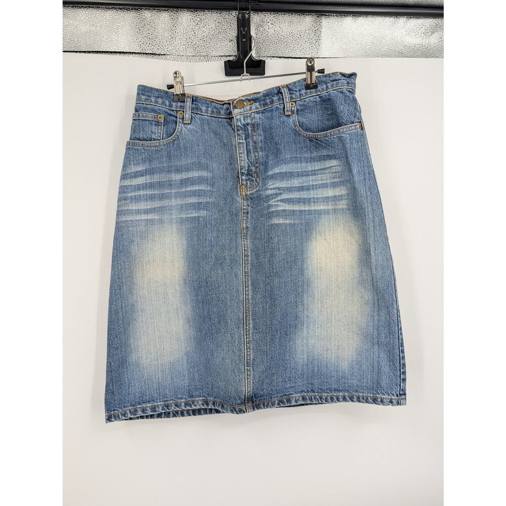 POLO RALPH LAUREN 90's Blue Denim Knee Skirt Medium Wash Flag Logo Sz 10 Y2K